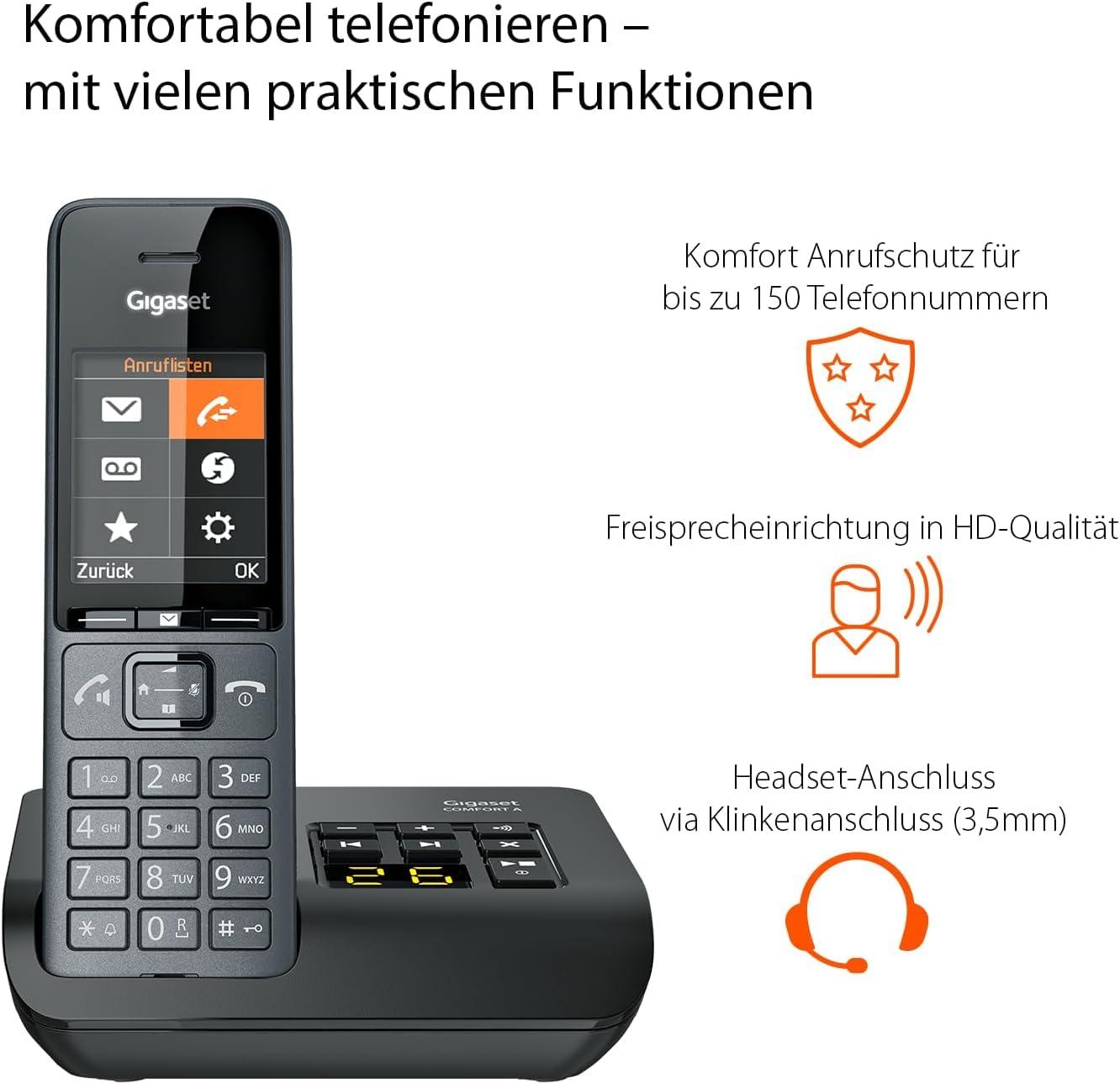 Gigaset Comfort 520A Duo - 2 cordless DECT telephones with answering machine - Best audio quality with hands-free function - Do not disturb - Address book 200 contacts, titanium black [German version] - S30852-H3005-B103