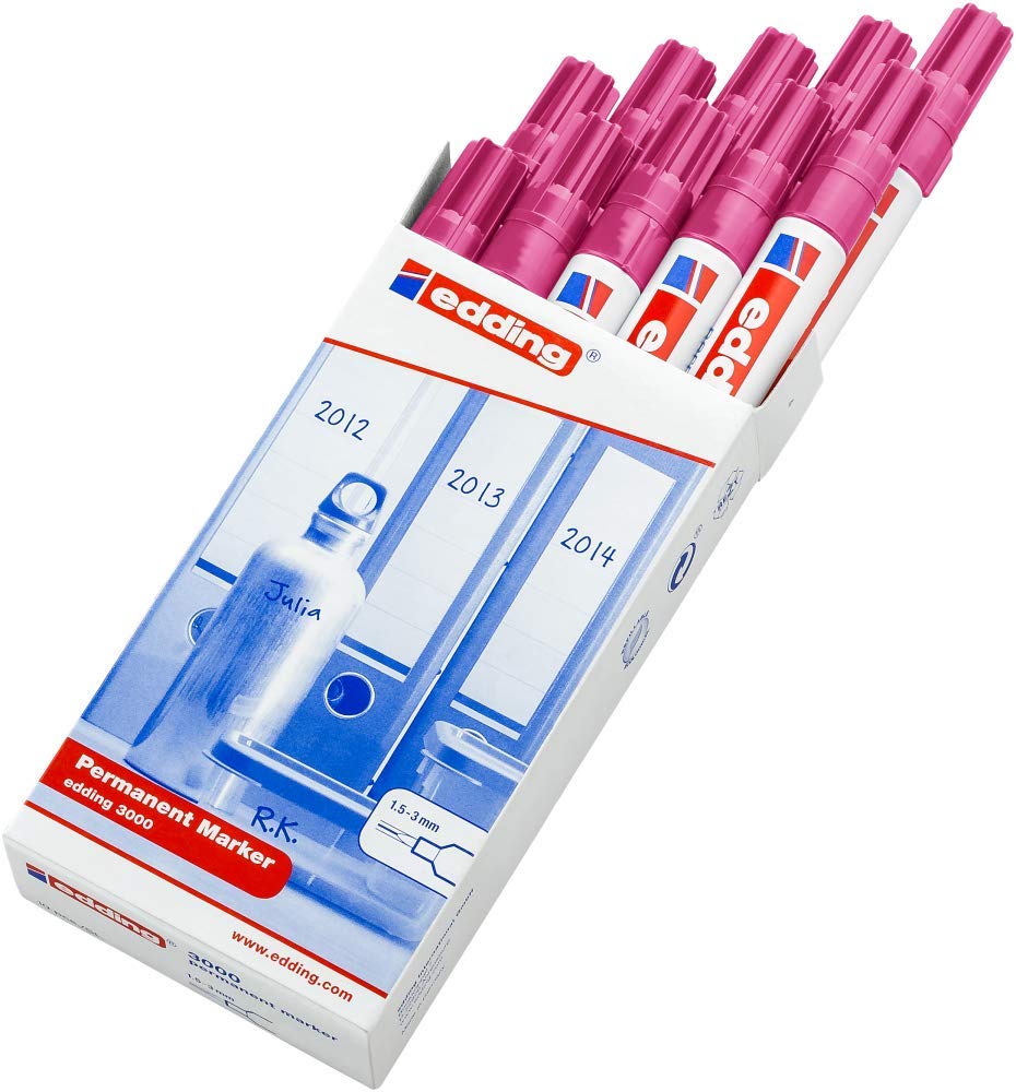 edding 3000 permanent marker - pink - 10 pens - round tip 1.5-3 mm - quick-drying permanent marker - waterproof, smudge-proof - for cardboard, plastic, wood, metal - universal marker - 4-3000009