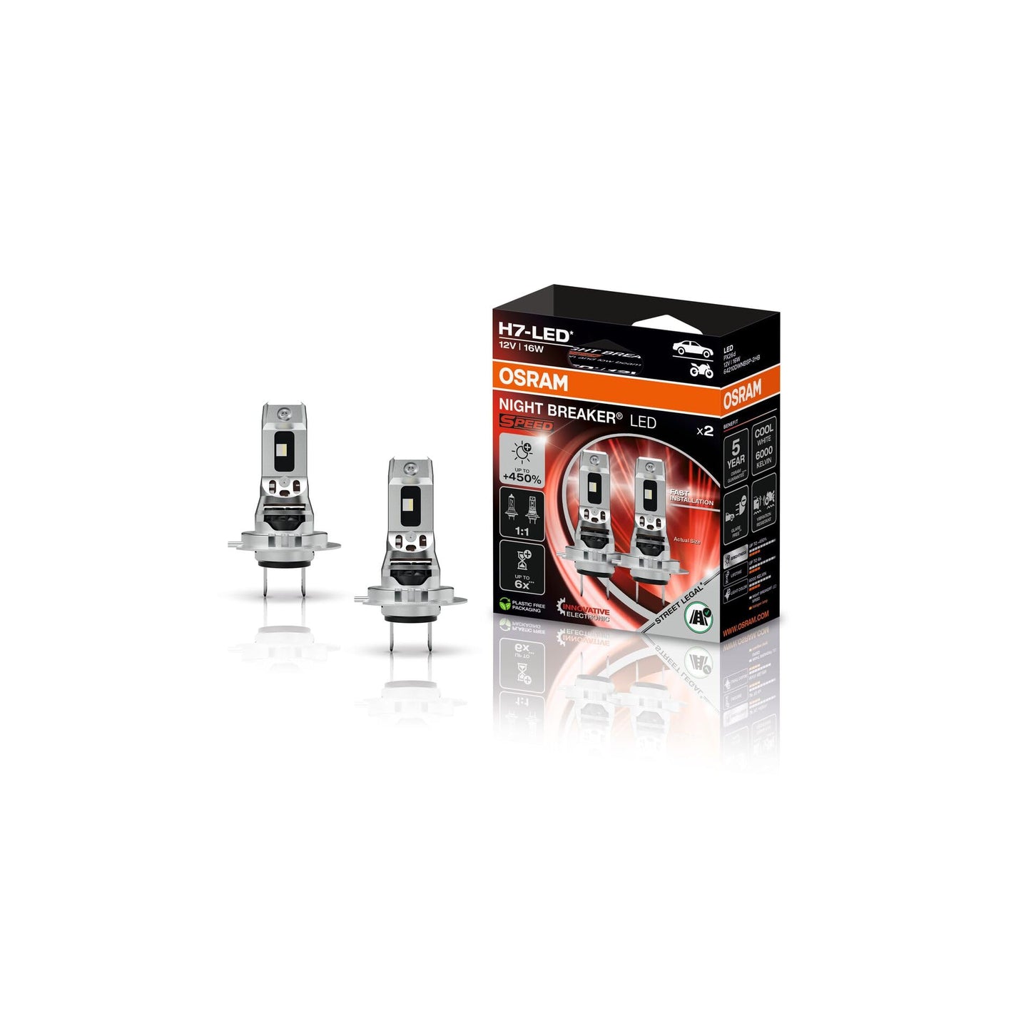 OSRAM NIGHT BREAKER LED SPEED H7 450, LED high and low beam with street approval, up to 450% more brightness, 6000K, quick installation, no mechanical accessories necessary, LEDEC02 integrated - 64210DWNBSP-2HB-450