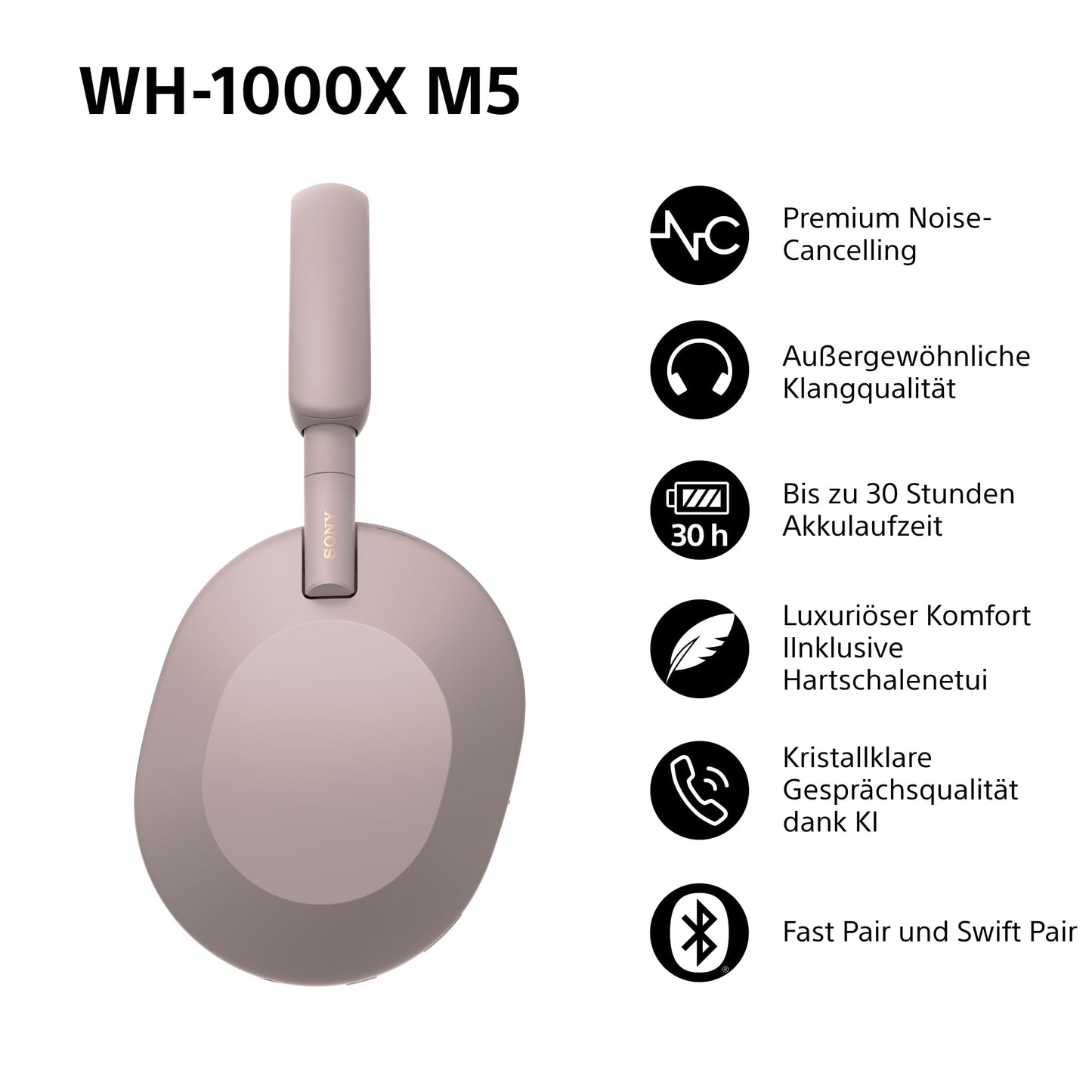 Sony WH-1000XM5 wireless over-ear headphones, active noise canceling at premium level with spatial 3D audio, transparency mode, up to 30 hours of battery life, Bluetooth, smoky pink - WH1000XM5P.CE7