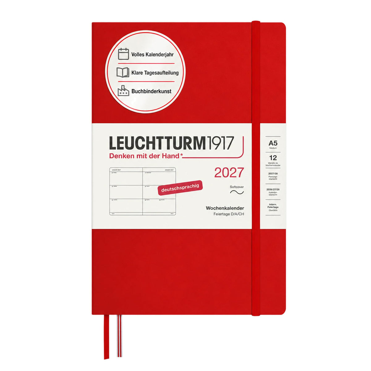LEUCHTTURM1917 Calendar săptămânal 2027 Mediu (A5) - Germană, Cireș, Copertă moale, 145 x 210 mm, 12 luni - ianuarie-decembrie 2027, 1 săptămână pe pagină dublă, hârtie de 80 g/m² cu compatibilitate ridicată cu cerneală - 400128