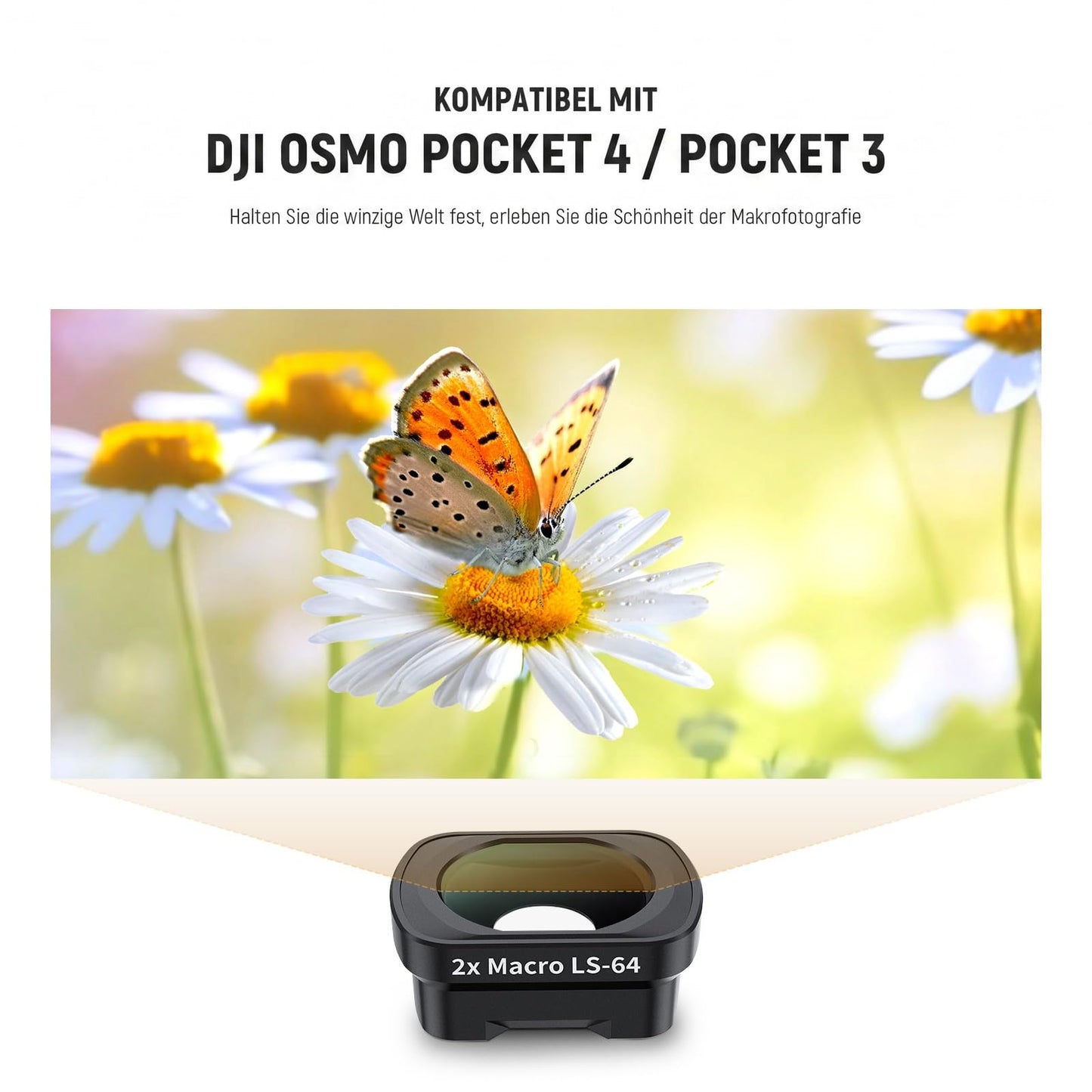 NEEWER 2x macro lens compatible with DJI Osmo Pocket 3 / Pocket 4 / Xtra Muse, HD macro lens with 3 lenses in 3 groups and magnetic attachment, do not stack filters, LS-64