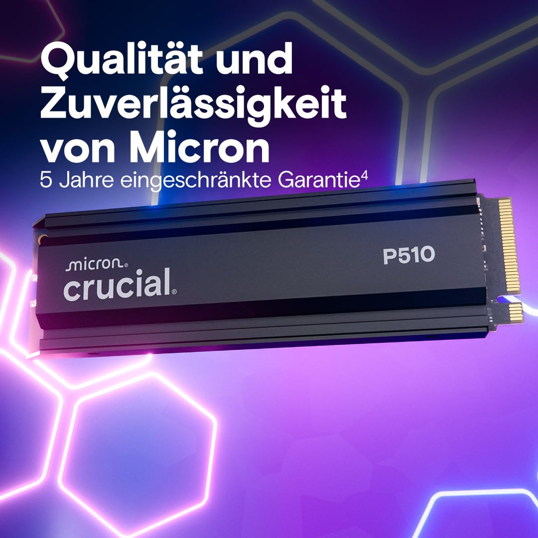 Crucial P510 SSD 1TB M.2 NVMe PCIe 5.0 x4 Gen5 with heatsink, up to 11,000 MB/s read, 9,500 MB/s write, for desktop PC & PS5, TLC NAND, internal hard drive - CT1000P510SSD5-01