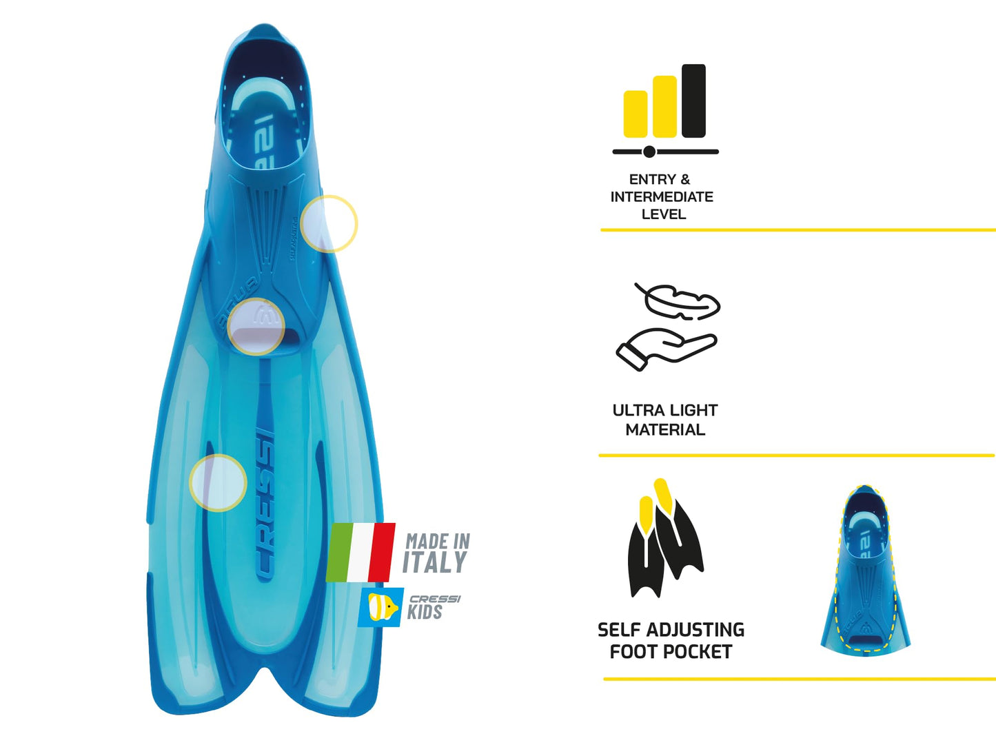 Cressi Agua Fins Swimming Fins - Adjustable Foot Section for Diving - Ergonomic Short Fins Adults & Children - Durable Fin Material - Blue - 35/36 - CA206343