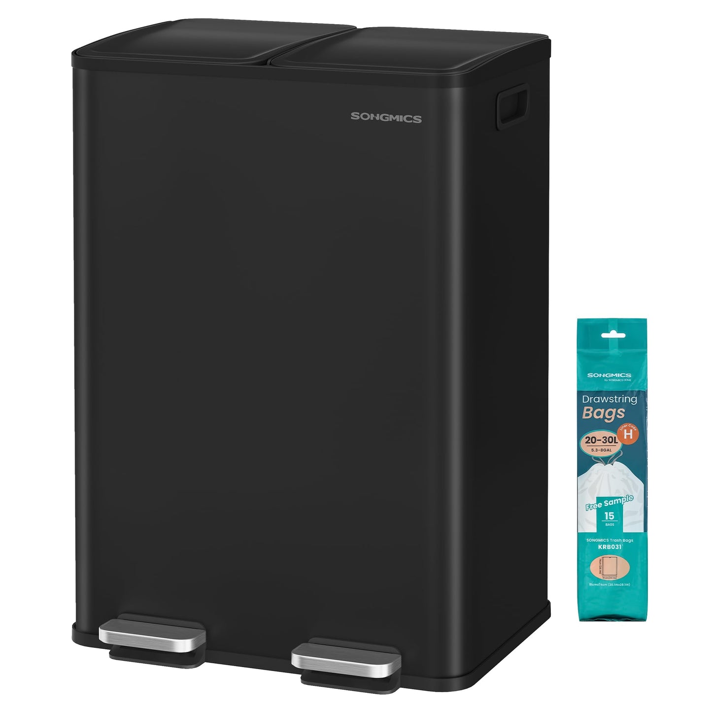 SONGMICS kitchen trash can, 2 x 30 liters, 2 compartments, trash can, pedal trash can, kitchen trash can with soft close lid and inner bucket, steel, including 15 trash bags, ink black LTB741B02