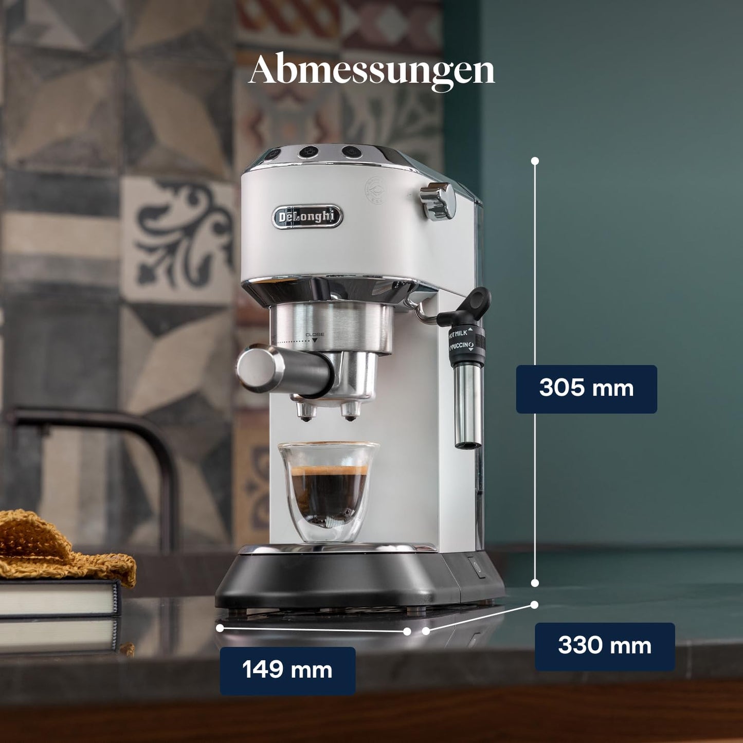 De'Longhi Dedica Style - Perfetto compact portafilter machine espresso machine with buttons, manual milk frother for espresso and cappuccino, ESE pad suitable, 15cm wide, white (EC685.W)