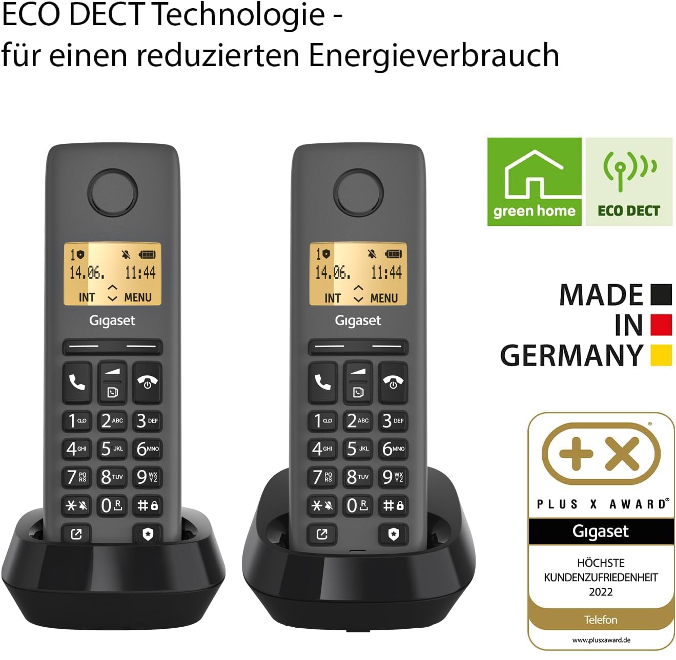 Gigaset Pure 120 Duo - 2 cordless telephones with call protection and ECO DECT - illuminated display - hearing aid compatible, anthracite black [Compatible in DE, IT, FR, NL, BE, Che, AUT] - L36852-H3105-R143