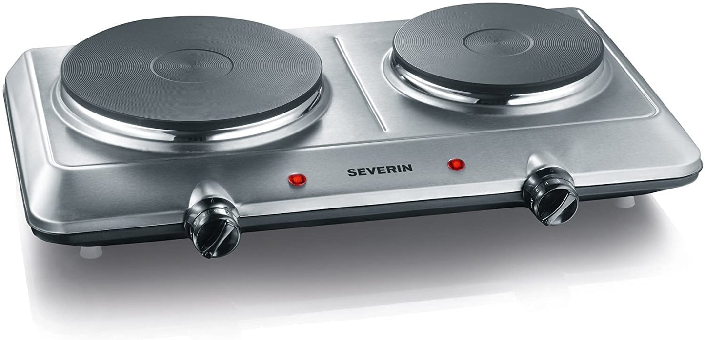 SEVERIN double hotplate for kitchen, office or camping, small hotplate with stepless temperature adjustment, camping stove for two pots, stainless steel, 2,500 W, DK 1014, white