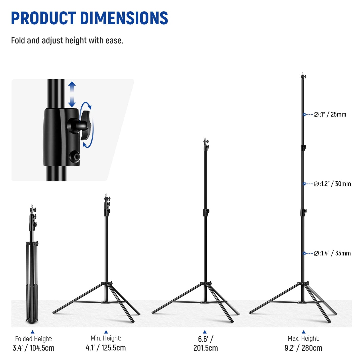 NEEWER 2.8m light stand, air-cushioned heavy duty metal tripod for ring light photography lamps with 1/4" to 3/8" screw adapter and 3-way interfaces, load capacity: 2.5kg, ST-280AC
