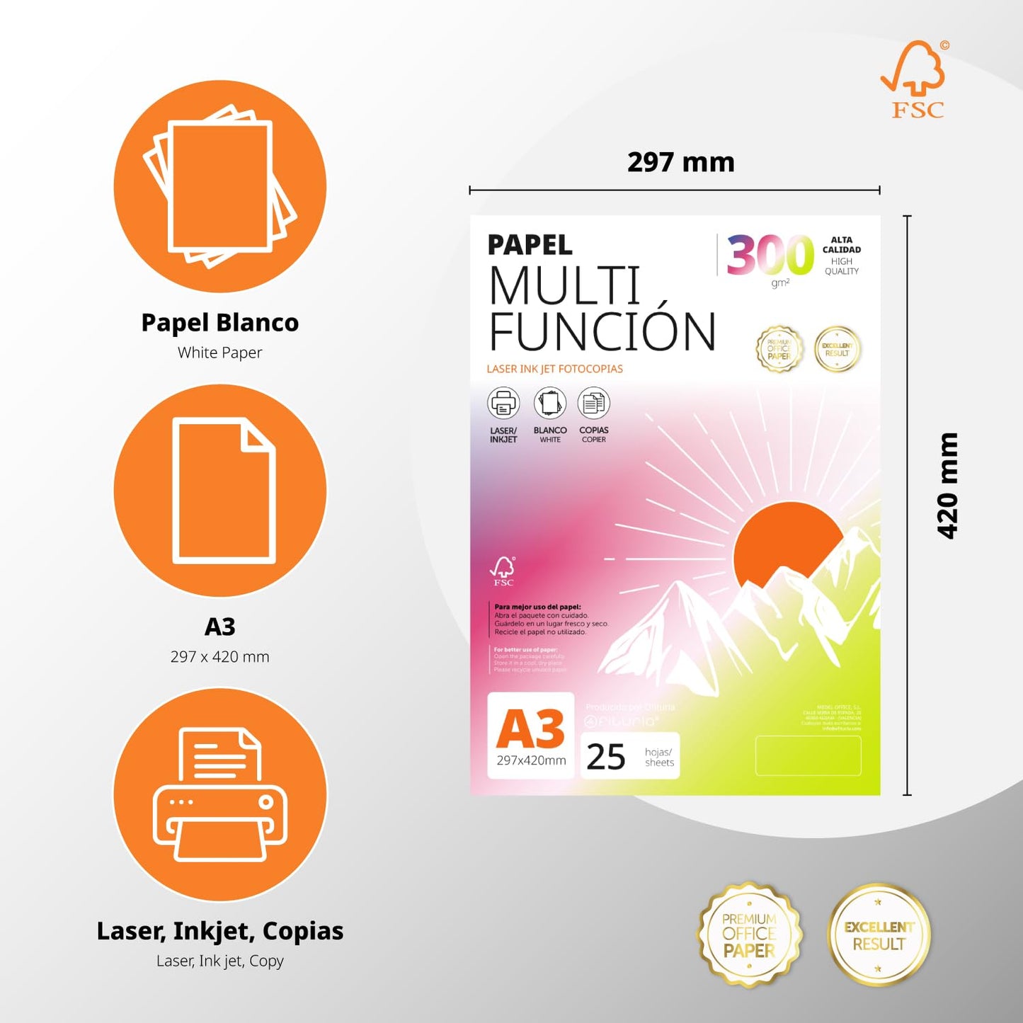 A3 Paper 300g 200 Sheets, Multifunctional Paper for Printers, Paper for Projects, Illustration, Lettering, Professional Creative Projects, A3 Office Paper, School Supplies - Ofituria (300g, 200 Sheets) - COM0574