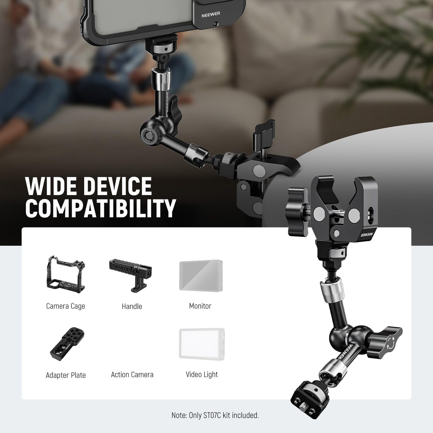 NEEWER 7" Articulated Magic Arm Clamp Mount with Super Clamp Camera Monitor Mount 1/4" 3/8" Positioning Pins Holes for DSLR Action Camera Video Light Compatible with SmallRig Cage, ST07C