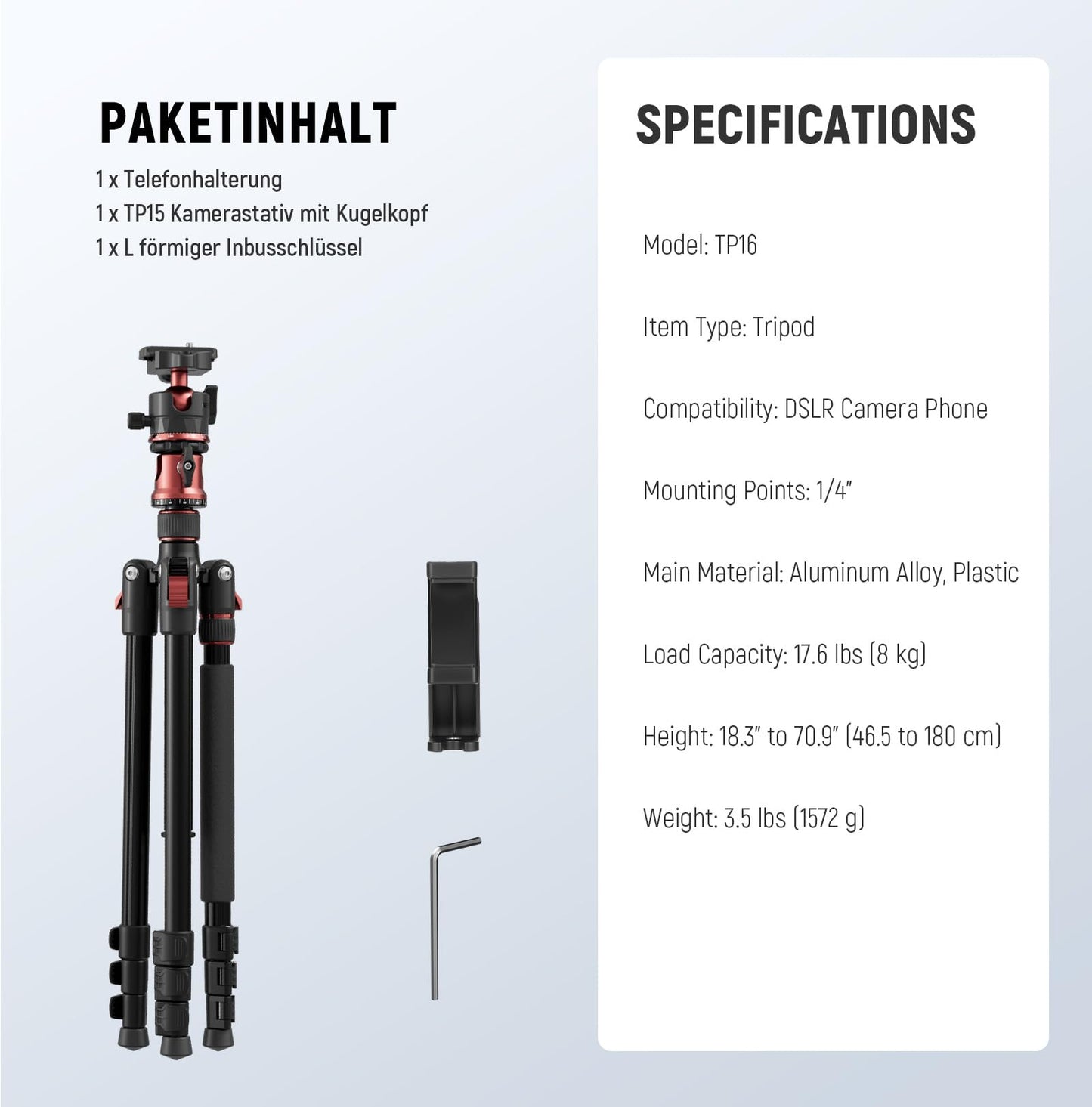 NEEWER Basics 70.9" camera tripod monopod with center column/ball head - TP16