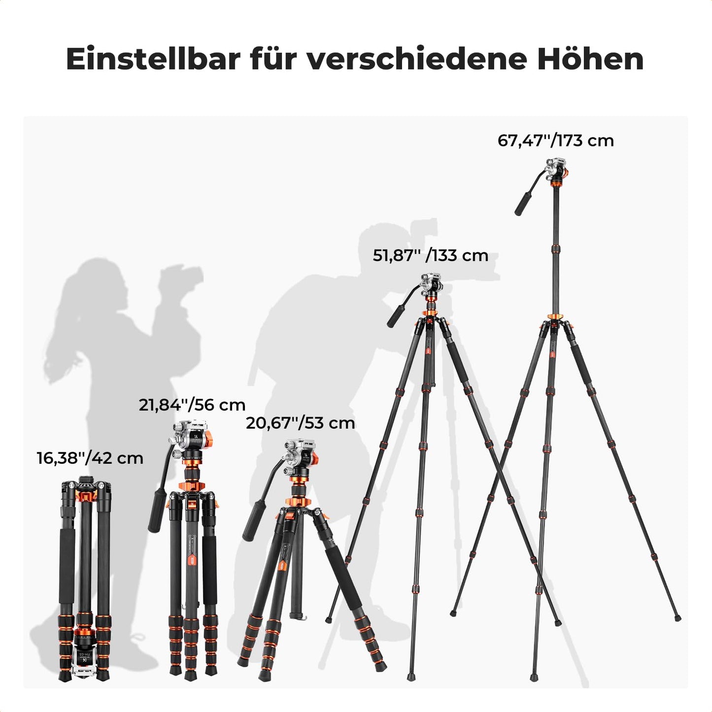 K&F CONCEPT 173cm carbon tripod, video tripod with fluid head, compact camera tripod with monopod, travel tripod for on the go O255C4+FH-03 - KF09.158