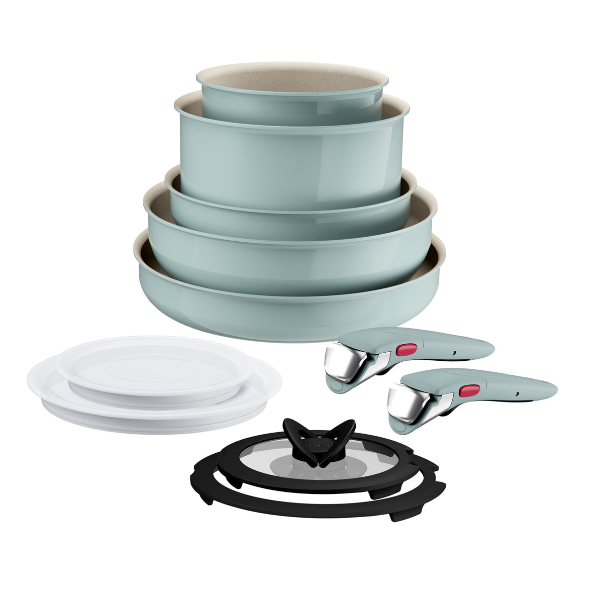 Tefal Ingenio Serenity Cookware Set 11-piece – stackable and space-saving set made of aluminum, Mineralia non-stick coating, detachable handle, suitable for all types of cooktops including induction, Eucalyptus - L828SB04