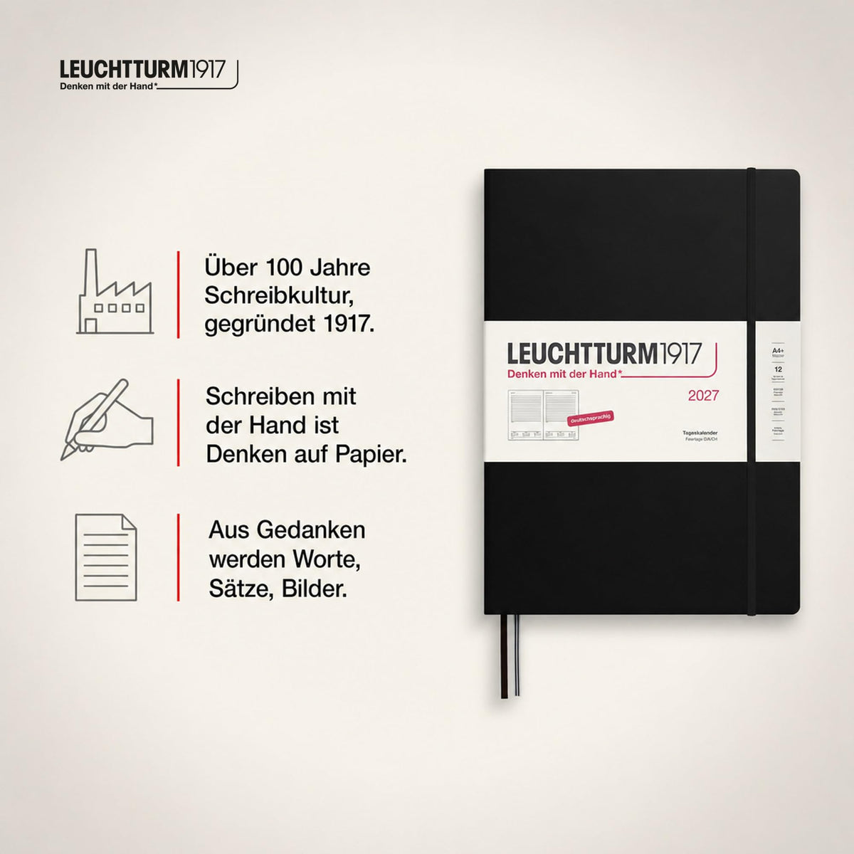 LEUCHTTURM1917 Calendar zilnic 2027 A4+ (Master) - germană, negru, 225 x 315 mm, ianuarie-decembrie (12 luni), 1 pagină pe zi, grilă orară 7:00-22:00, copertă cartonată, hârtie de 100 g/m² - 400156