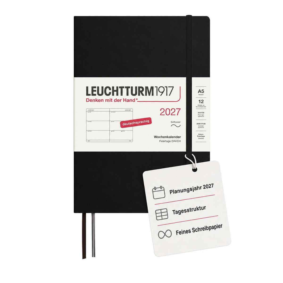 LEUCHTTURM1917 Calendar săptămânal 2027 Mediu (A5) - Germană, Negru, Coperți moale, 145 x 210 mm, 12 luni - ianuarie-decembrie 2027, 1 săptămână pe pagină dublă, hârtie de 80 g/m² cu compatibilitate ridicată cu cerneală - 400126