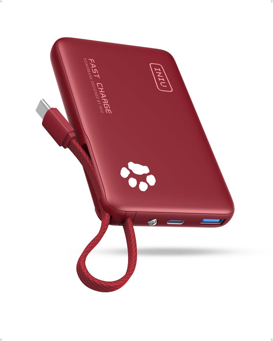 INIU 45W Power Bank, Mini Size 10000mAh PowerBank with Integrated USB-C Cable, Fast Charging External Mobile Phone Batteries USB C In&Out, Small But Strong for iPhone 17 16 15 Xiaomi Mini Samsung, Red - P41L