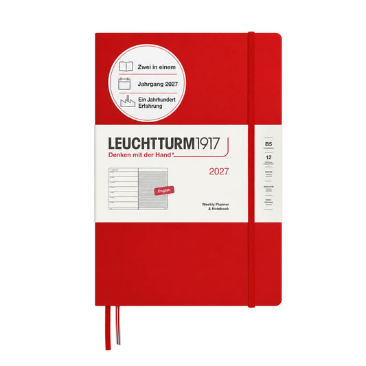 LEUCHTTURM1917 weekly calendar 2027 Composition (B5) with notebook, lined - appointment planner English, cherry, hardcover, 178 x 254 mm, January-December 2027, weekly overview on the left + note page on the right - 400207