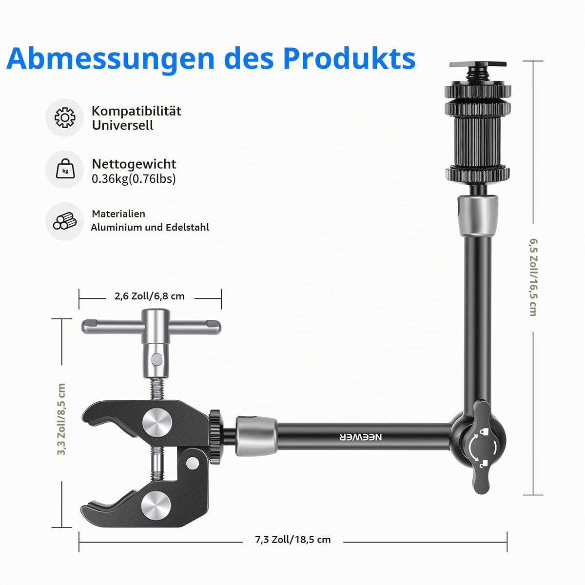 NEEWER ST20 Super Klemme und 27,9cm Verstellbarer Reibungskraft Gelenkarm, kompatibel mit SmallRig Kamera Käfig Rig, weitere Erweiterung für Monitor/LED Licht/Webcam, maximale Belastung 2kg