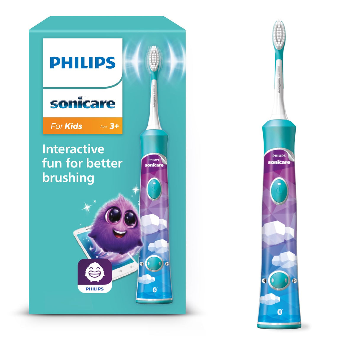 Philips Sonicare For Kids, periuță de dinți electrică cu tehnologie sonică, cu aplicație, pentru copii de la 3 ani, dotată cu SmarTimer și QuadPacer pentru o curățare temeinică, Turcoaz, model HX6322/04