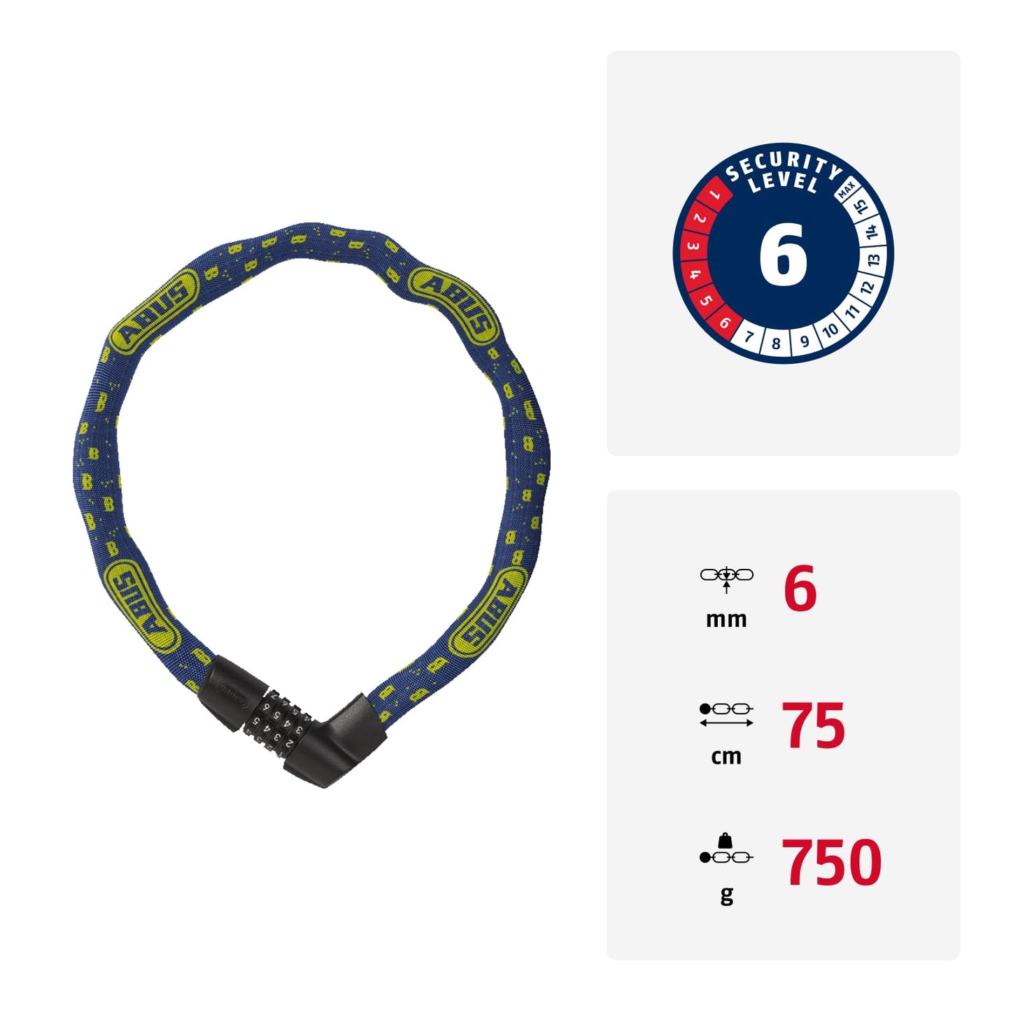 ABUS chain lock Tresor 1385/75 Blue Mask - combination lock made of hardened steel - 6 mm thick square chain - ABUS security level 6 - 75 cm - blue - 88011