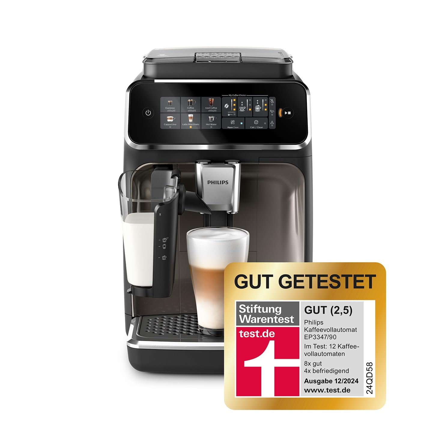 PHILIPS 3300 Series fully automatic coffee machine - 6 drinks, modern color touchscreen display, LatteGo milk system, SilentBrew, 100% ceramic grinder, AquaClean filter, black chrome (EP3347/90)