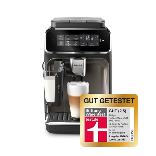 PHILIPS 3300 Series fully automatic coffee machine - 6 drinks, modern color touchscreen display, LatteGo milk system, SilentBrew, 100% ceramic grinder, AquaClean filter, black chrome (EP3347/90)