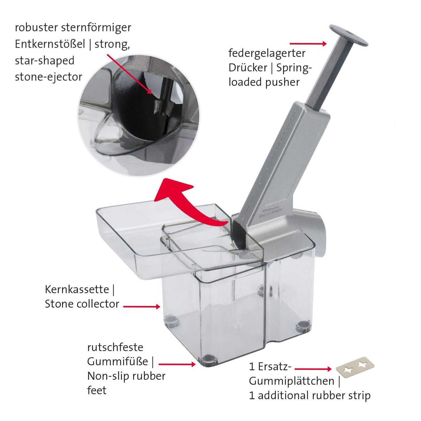 Westmark cherry stoner/stoner with inclined chute and large core cassette, plastic/stainless steel/aluminium, Kirschomat, silver/black/transparent, 40702260