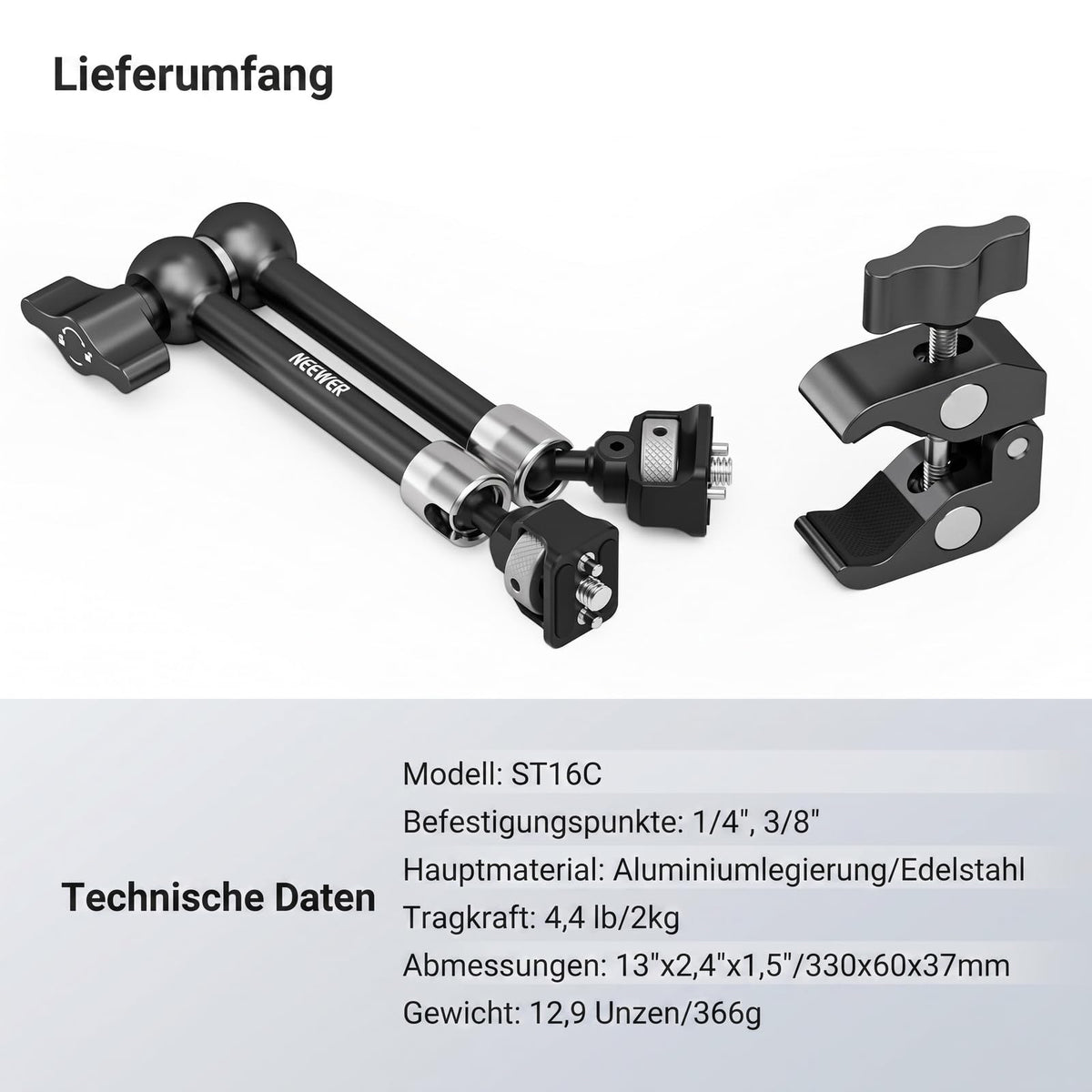 NEEWER 11" Articulating Magic Arm Clamp Mount with Super Clamp, ST16C