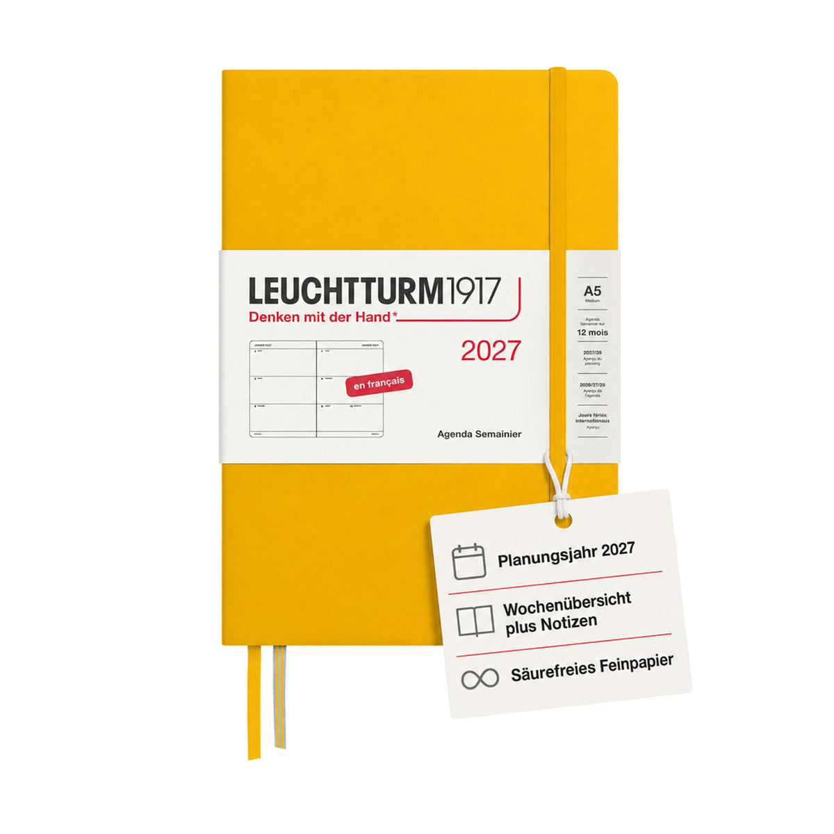 LEUCHTTURM1917 Calendar săptămânal 2027 mediu (A5) - franceză, floarea soarelui, copertă cartonată, 12 luni - ianuarie-decembrie 2027, 1 săptămână pe pagină dublă cu compatibilitate ridicată cu cerneală - 400404