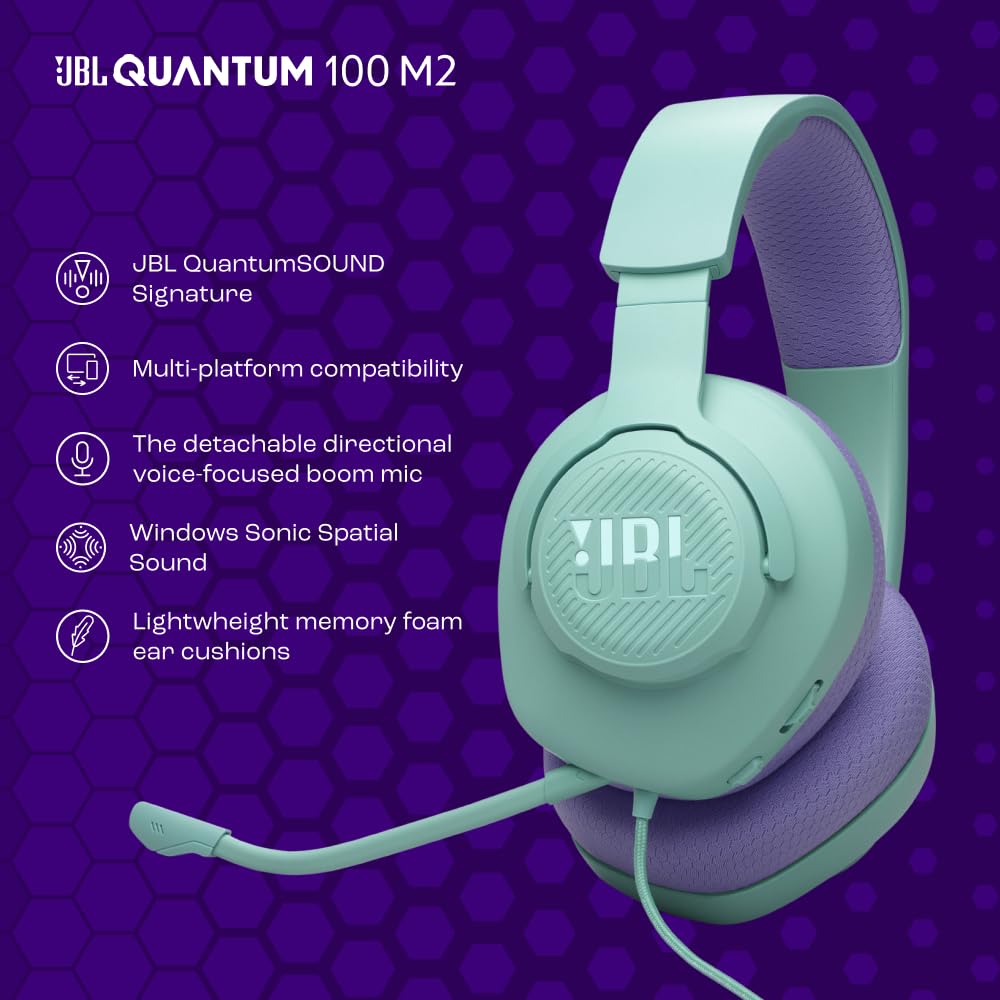 JBL Quantum 100M2 Wired Over-Ear Gaming Headset with JBL QuantumSOUND Signature, 3.5mm jack, multi-platform compatibility and detachable microphone with mute option, cyan - JBLQTUM100M2CYN