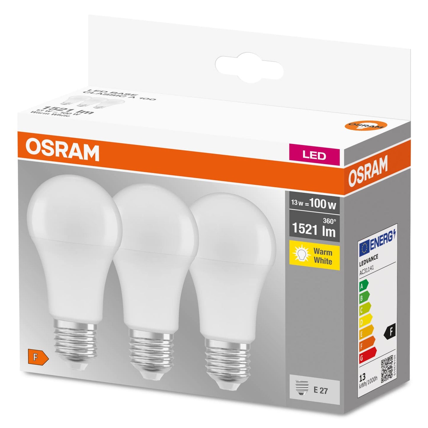 Osram LED Base Classic A, in bulb shape with E27 base, not dimmable, replaces 100 watts, matt, warm white - 2700 Kelvin, 10 x pack of 3 - 4058075819429