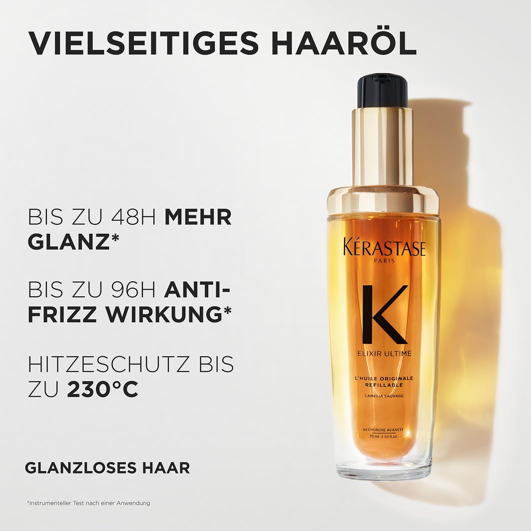 Kérastase Huile Originale Elixir Ultime, hair oil for dry hair, nourishing and protective for more shine without weighing it down, heat protection and anti-frizz, refillable, 75 ml - E4166700