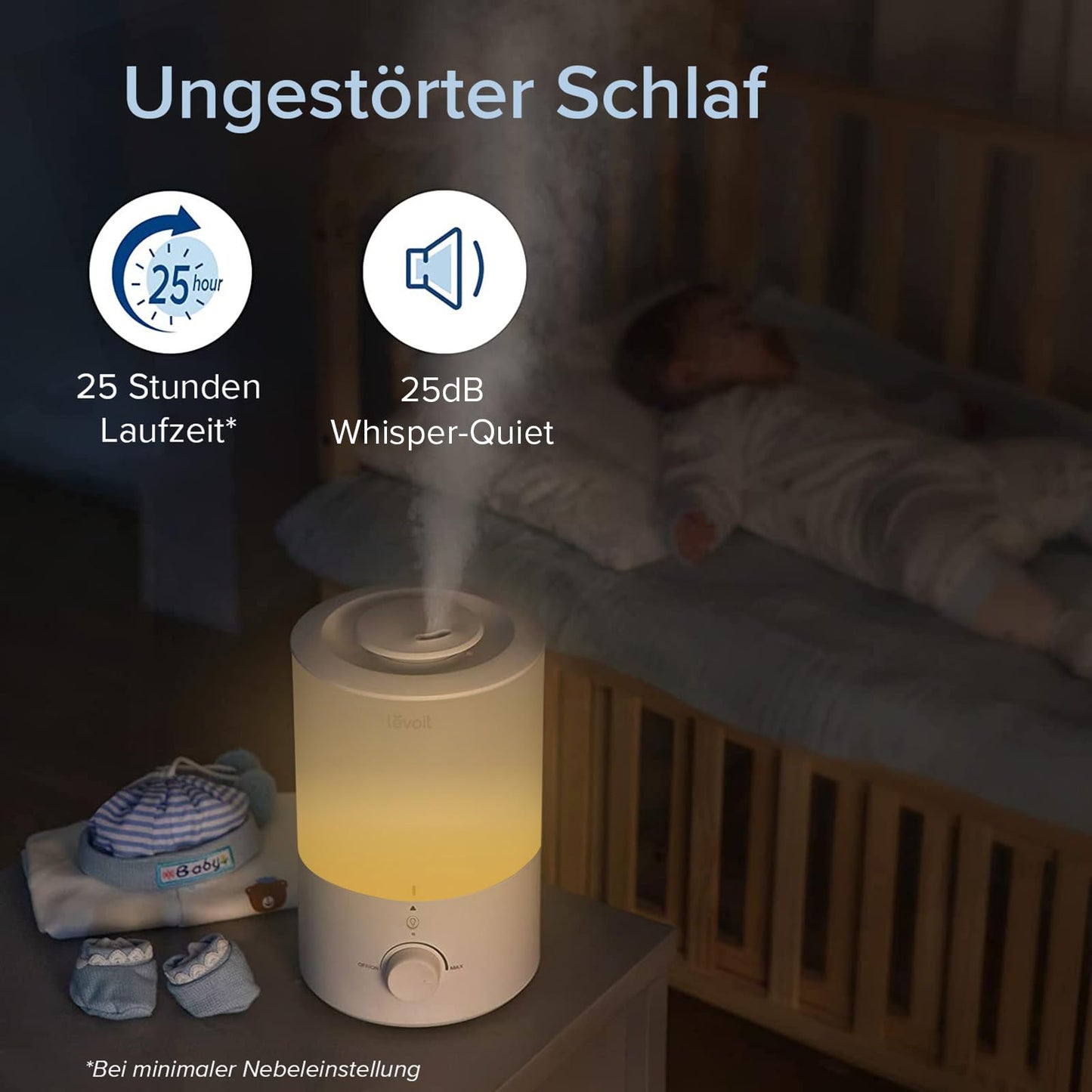 Levoit Humidifier Bedroom, Durable with Auto Shut-off, Cold Mist Ultrasonic with Top Fill, 25 dB Room Humidifier for Baby, Plants, up to 25H, 3 L, Warm White - LUH-D302-WUK