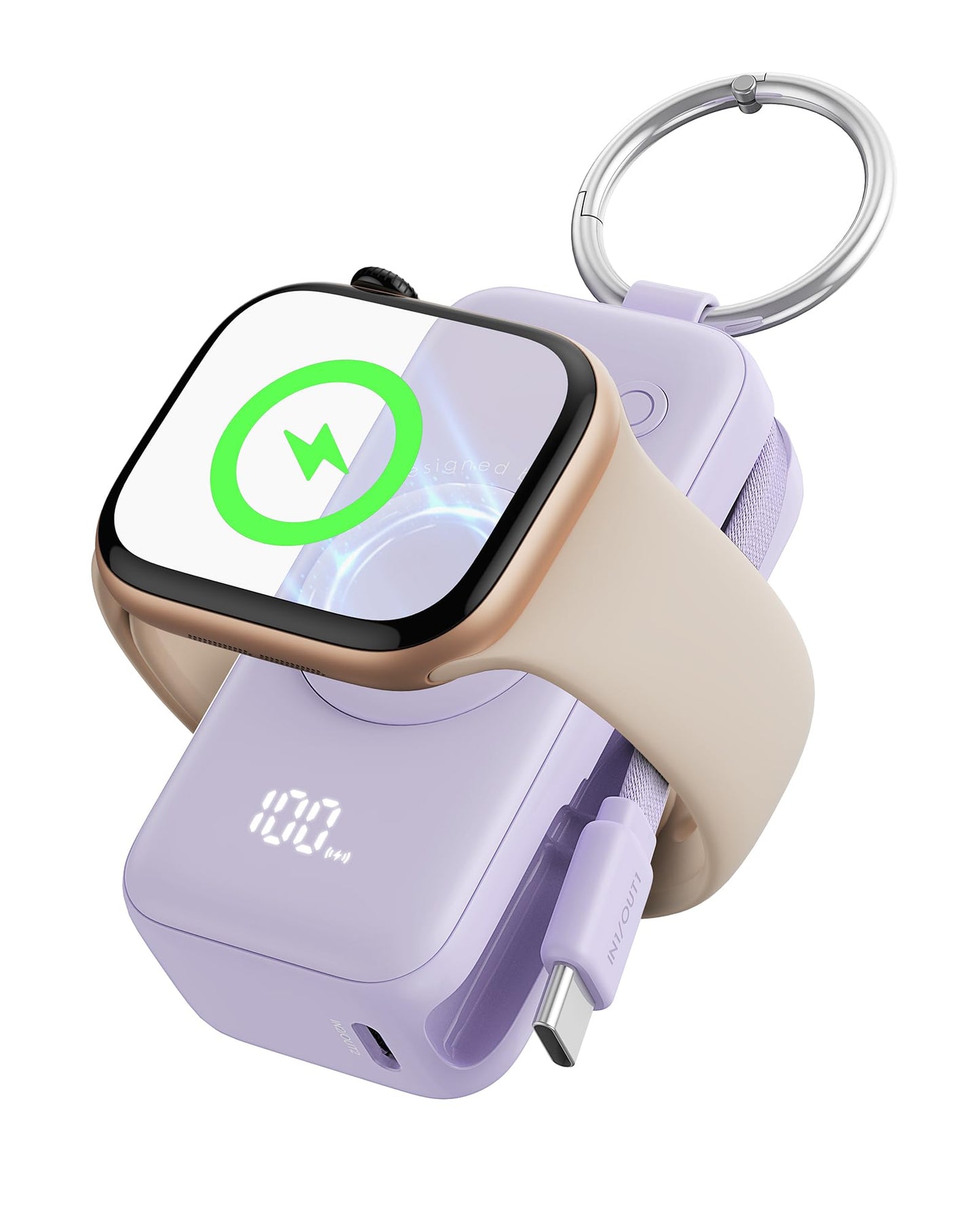 INIU Power Bank for Apple Watch, 5000mAh Power Bank with Built-in Cable, Slim Travel Keychain Battery Pack LCD Display for iWatch 10/9/8/Ultra2/Ultra/SE, iPhone 16/15 Purple - P81