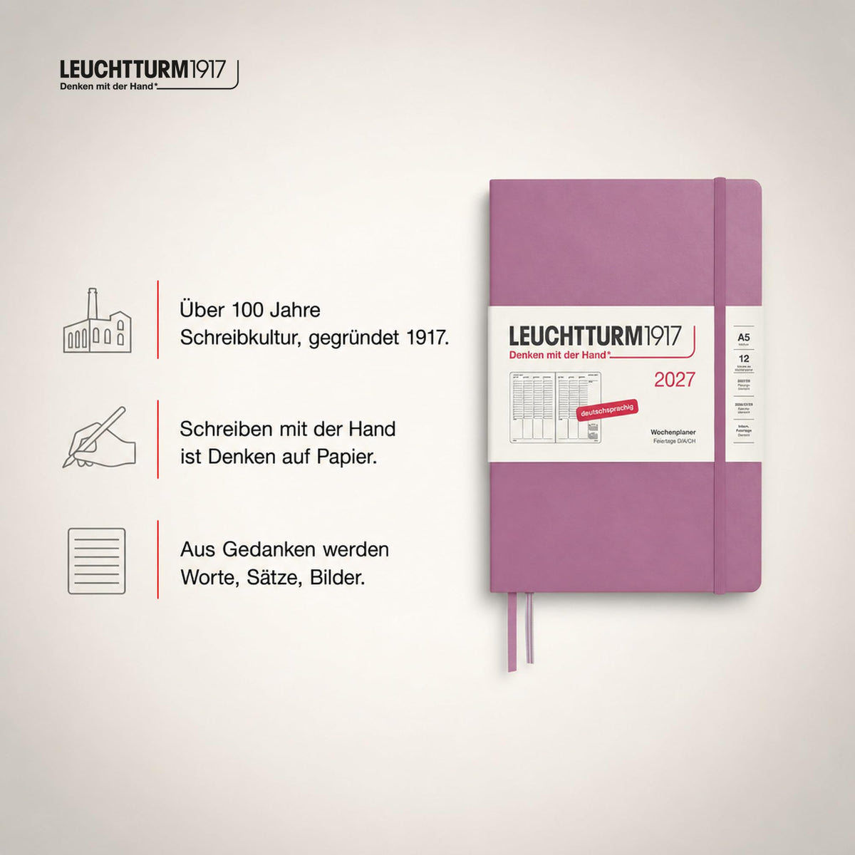 LEUCHTTURM1917 Planificator săptămânal 2027 Mediu (A5) - Germană, Dusty Rose, 210 x 145 mm, ianuarie-decembrie (12 luni), prezentare generală săptămânală cu grilă orară 7:00 a.m. - 22:00 p.m. pe coloană, copertă cartonată, hârtie de 80 g/m² - 400146