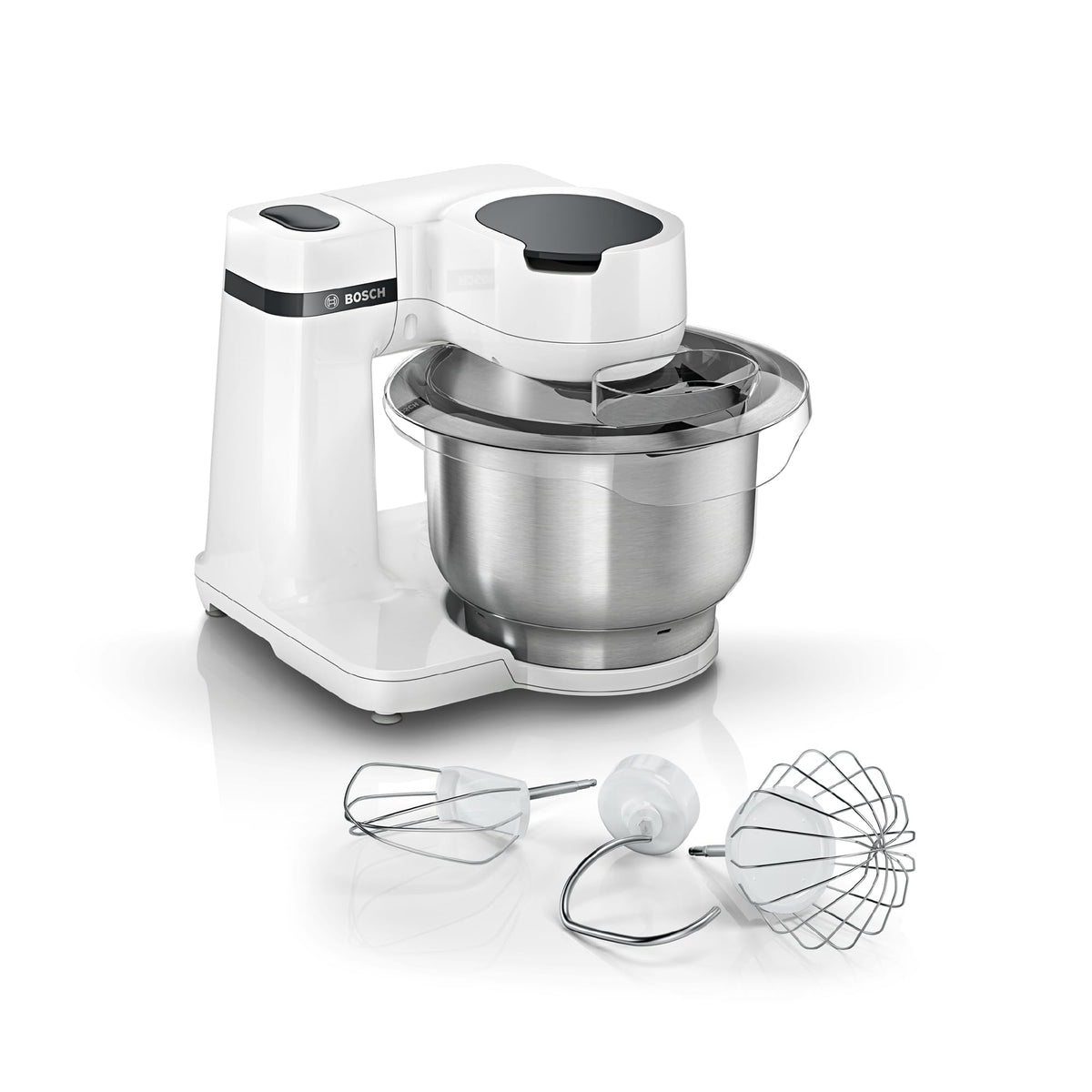 Bosch Kitchen Machine Series 2, small kitchen machine, stainless steel bowl 3.8 L, kneading hook, whisk, mixing beater dishwasher safe, 4 working speeds, 700W, white, MUMS2EW00