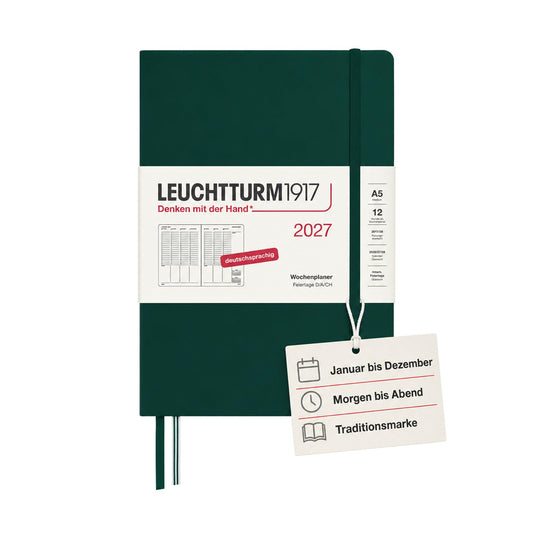 LEUCHTTURM1917 Weekly Planner 2027 Medium (A5) - German, Forest Green, 210 x 145 mm, January-December (12 months), weekly overview with hourly grid 7:00-22:00 per column, hardcover, 80 g/m² paper - 400150