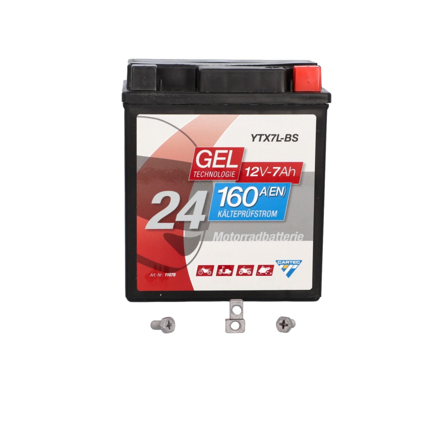 CARTEC motorcycle battery YTX7L-BS, 7Ah, 160A, gel technology motorcycle starter battery, original equipment manufacturer quality, cycle-proof, storable, maintenance-free, black - 11078