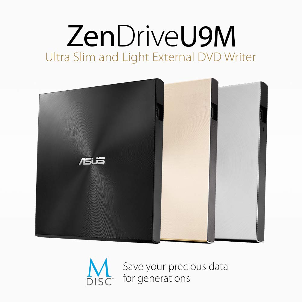 Asus ZenDrive U9M external DVD burner (for Apple MacBook & Windows PCs/Notebooks, incl. USB-C cable, burning software & Nero backup app, M-Disc support, USB 2.0) Gold - SDRW-08U9M-U/BLK/G