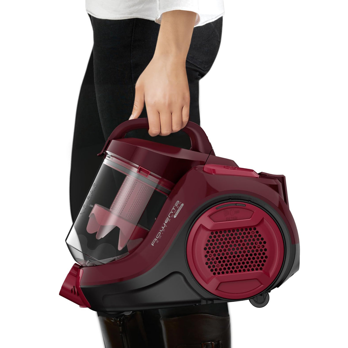 Rowenta RO2933EA, Swift Power Cyclonic Vacuum Cleaner, bagless, cyclone technology, compact design, lightweight, high-performance filter, parquet brush, Black/Dark Red, 750 W, 1.2 liters, 77 decibels. - 7211004135
