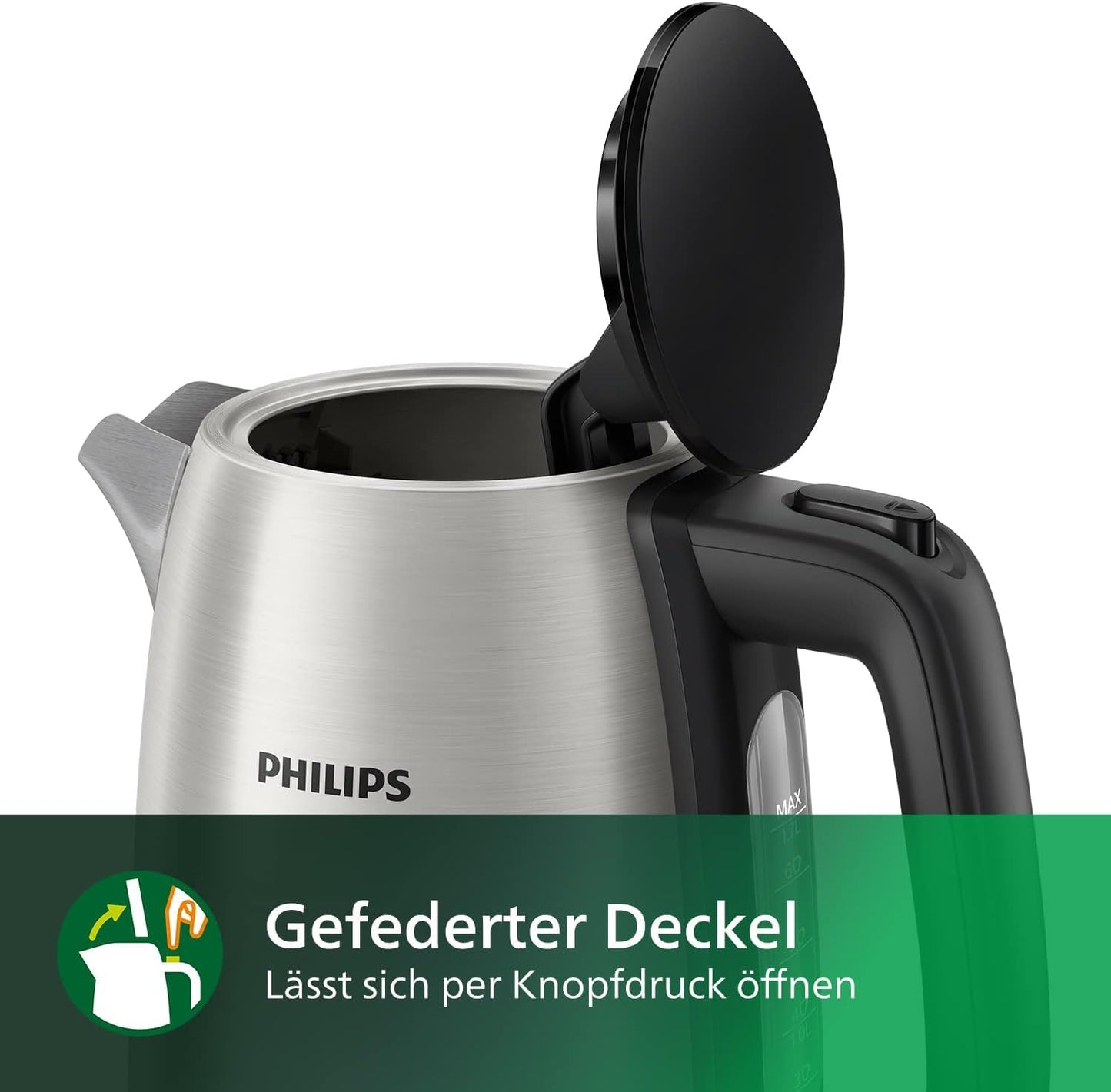 Philips Daily Collection Metal Kettle - 1.7L, Light Indicator, 360° Base, Micro Strainer Filter, Flat Heating Element, Spring Lid, Energy Saving, Safe Design, Fast Boiling (HD9350/90)