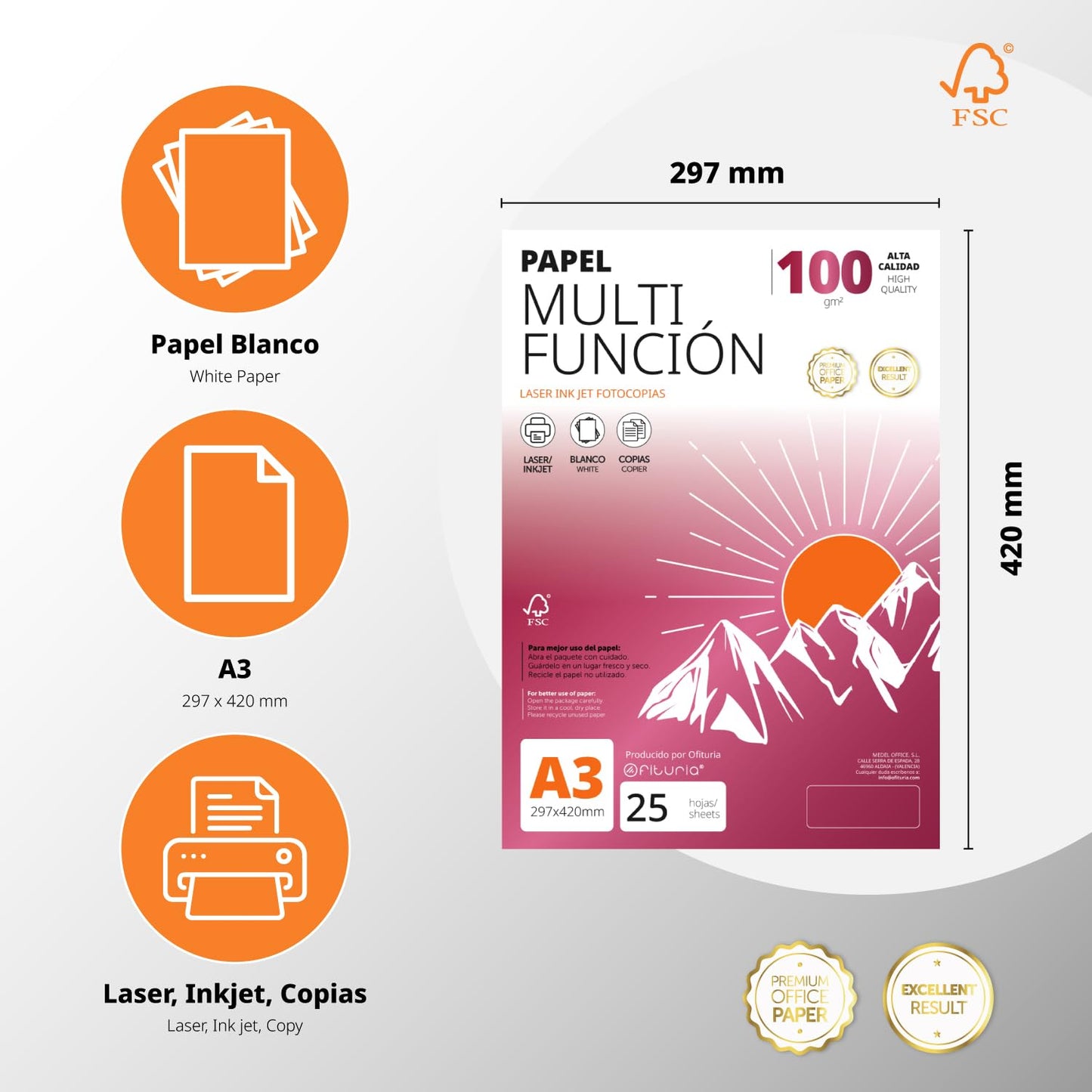 A3 Paper 100g 400 Sheets, Multifunctional Paper for Printers, Paper for Projects, Illustration, Lettering, Professional Creative Projects, A3 Office Paper, School Supplies - Ofituria (100g, 400 Sheets) - COM0574
