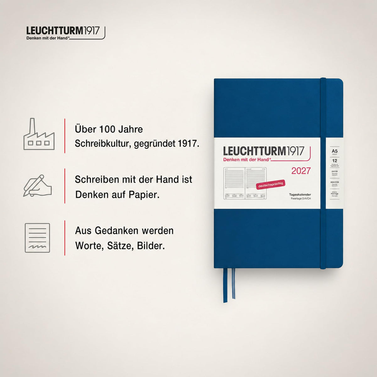 LEUCHTTURM1917 Daily Calendar 2027 Medium (A5) - German, Indigo, 145 x 210 mm, January-December (12 months), 1 page per day, hourly grid 7:00-22:00, hardcover, 80 g/m² paper - 400163