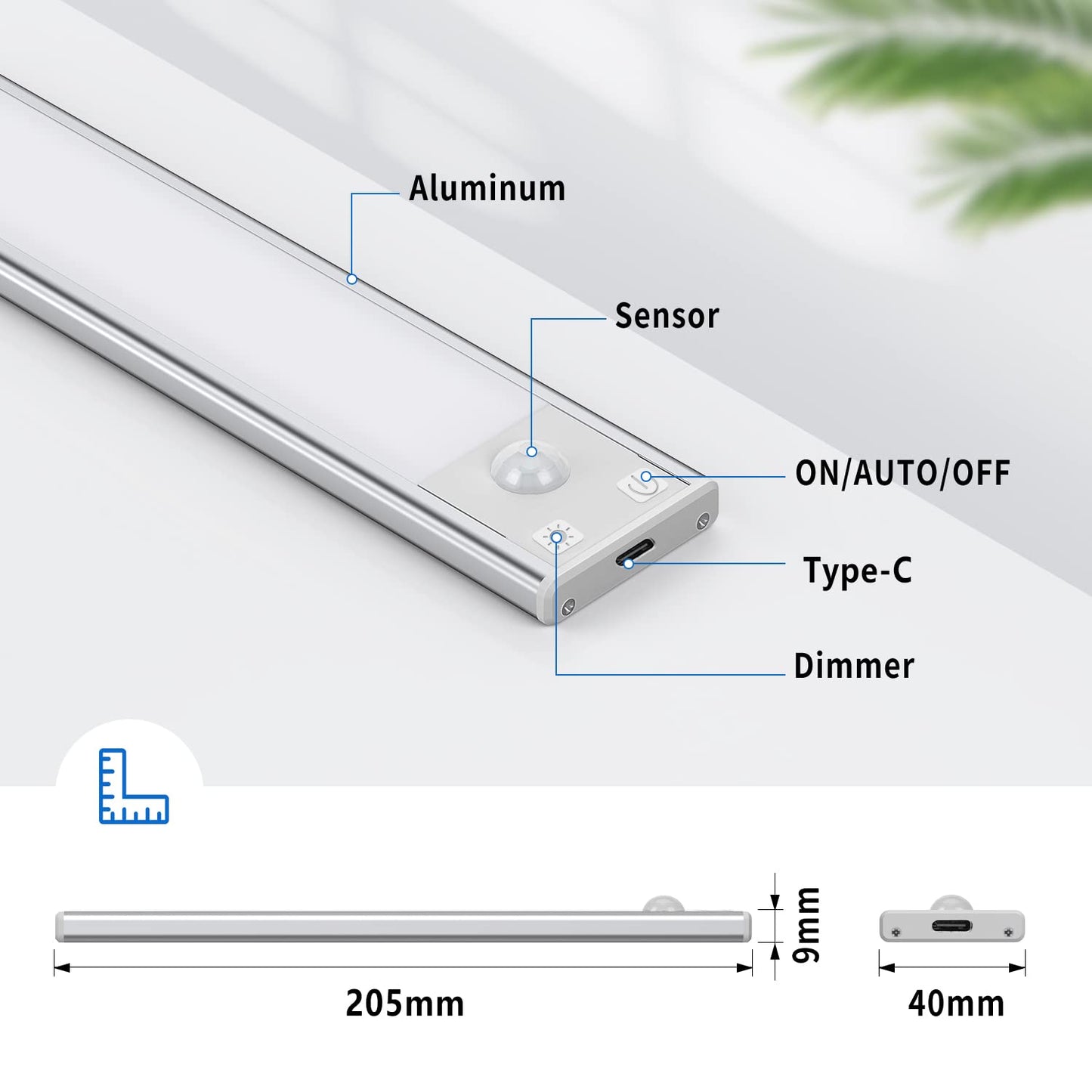 Under-Unit Light Kitchen LED 20.5 cm Cabinet Lighting with Motion Sensor Continuously Dimmable Under-Unit Strip LED Strip 1000 mAh Rechargeable Night Light for Kitchen Stairs Mirror Cabinet Bookshelf Pack of 2 - GLS-C015