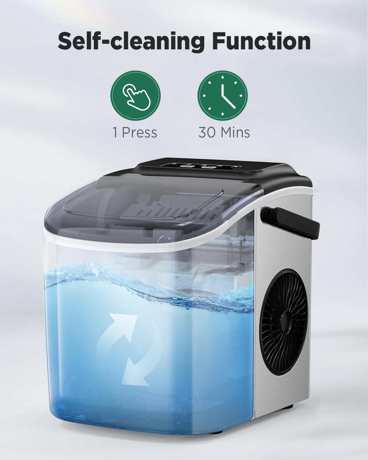 Silonn ice cube machine, small ice cube machine with carrying handle, 9 ice cubes in just 6 minutes, 12 kg of ice in 24 hours. Self-cleaning, compact with 2 ice sizes, ideal for kitchen, office and parties, silver - SLIM09T