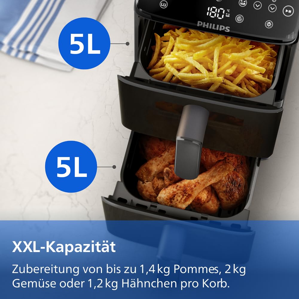 Philips Airfryer 4000 Series Stacked Dual Basket, stacked hot air fryer 2 chambers, 10L, RapidAir technology, 45% less space required, PFAS-free ceramic coating, viewing window (NA460/00)