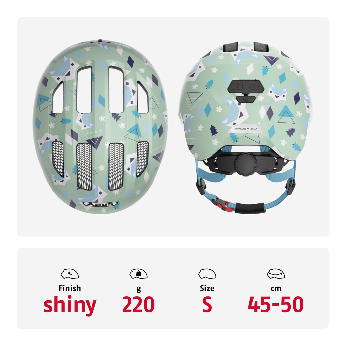 ABUS children's helmet Smiley 3.0 - bicycle helmet with a deep fit, child-friendly designs & space for a braid - for girls and boys - light green with pattern, size S - 67255