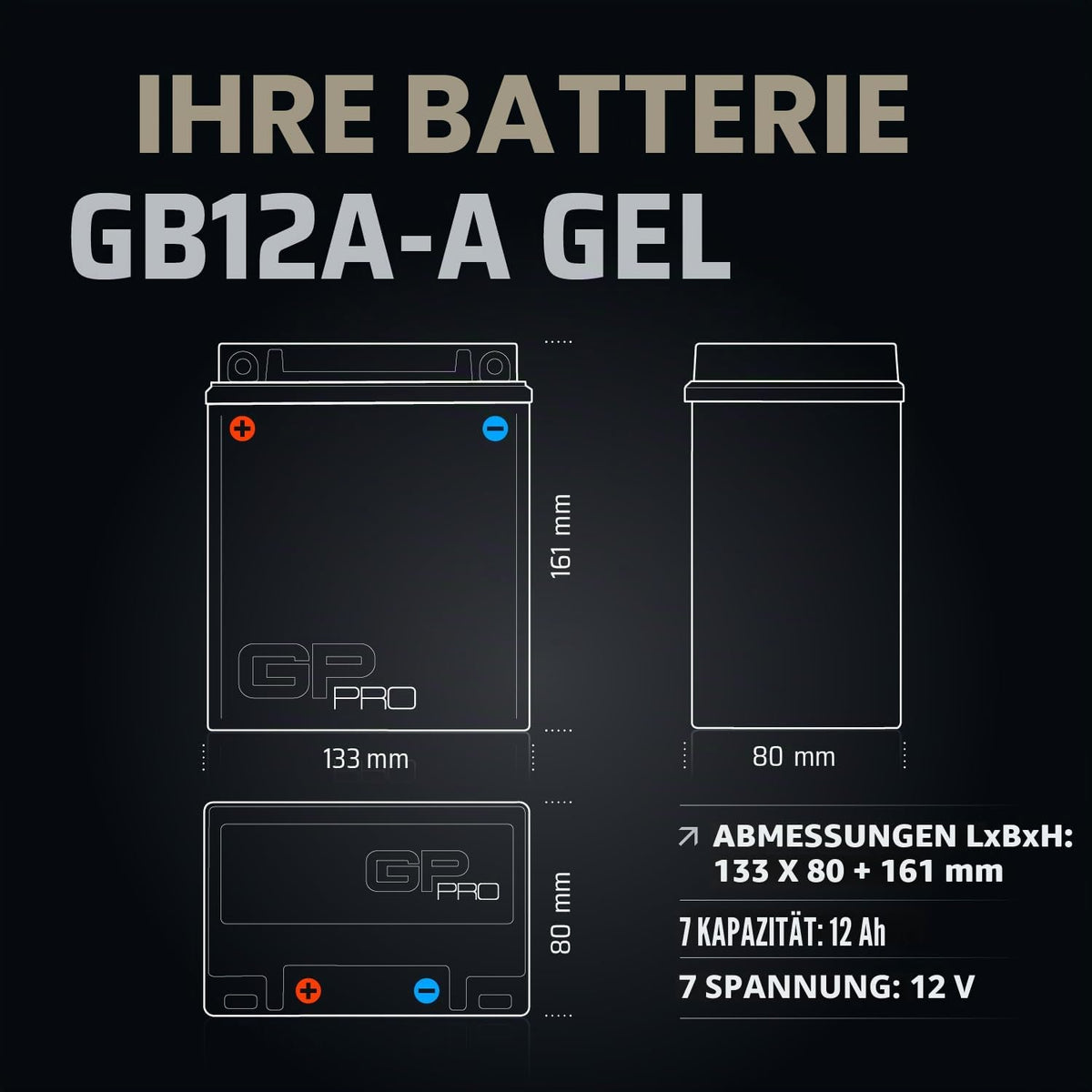 GP-PRO GB12A-A 12V 12Ah GEL Battery (Similar to YB12A-A / 51211) (Maintenance Free & Sealed) Accumulator Motorcycle Motorcycle Battery - GP-019