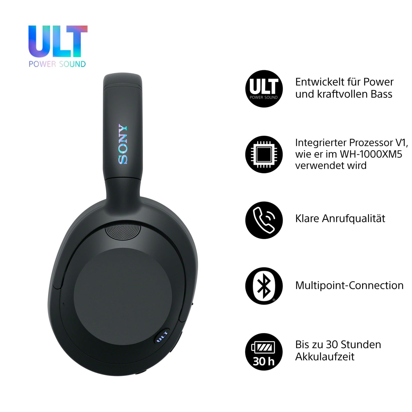Sony ULT WEAR - Wireless headphones with noise canceling, ULT power sound, ultimate deep bass, same processor as WH-1000XM5, clear calls, 30 hours of battery life, iOS and Android - Black - WHULT900NB.CE7
